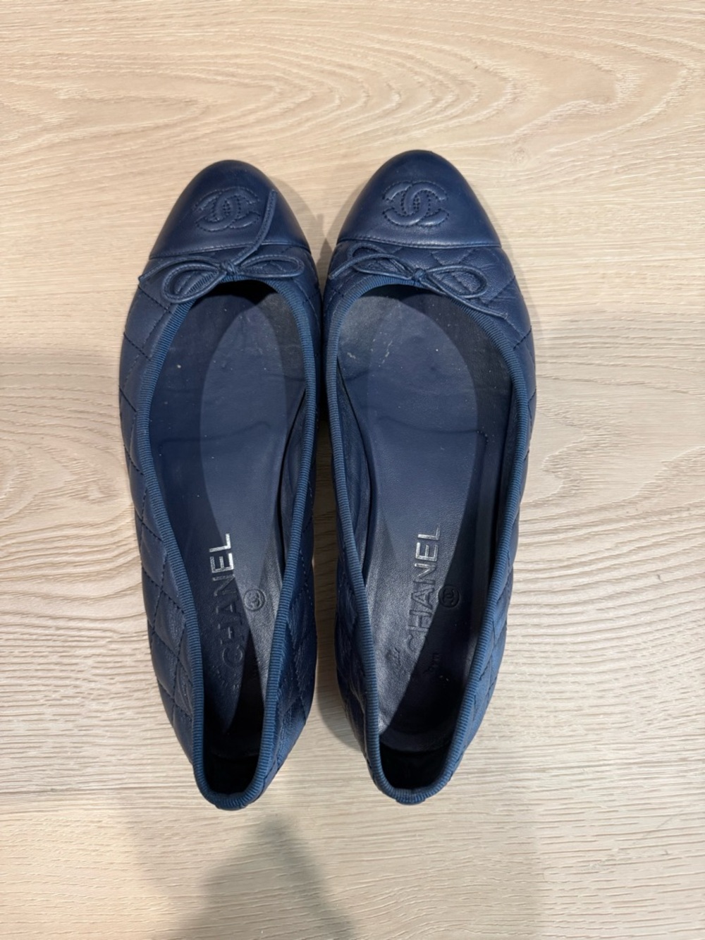 CHANEL Navy Quilted Ballet Flats with CC Cap Toe
